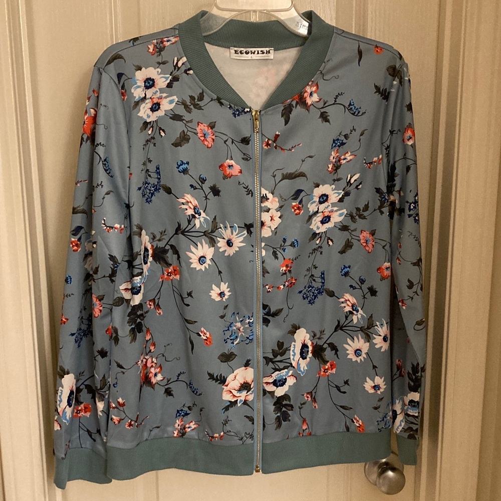 Ecowish Women's Floral Bomber Jacket - Blue and Pink